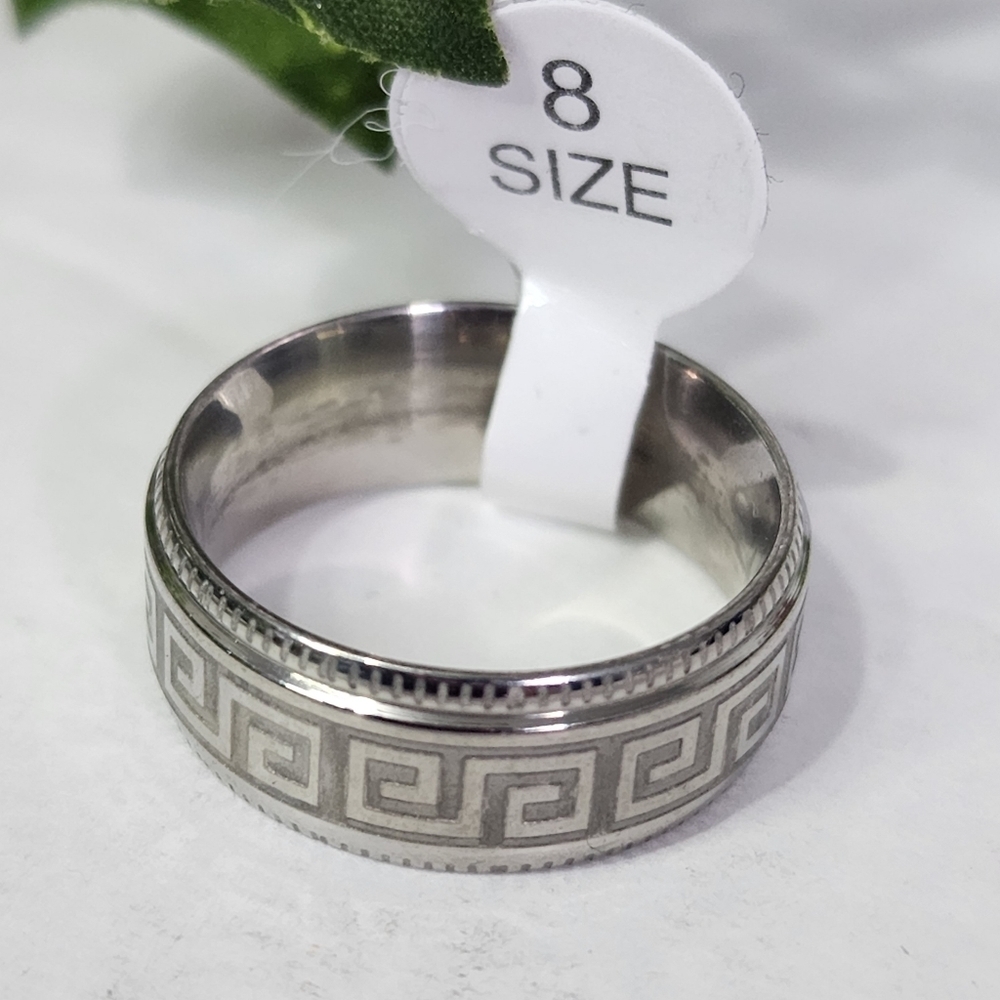 Silver Greek Key Design Band Ring Unisex - Picture 3 of 5